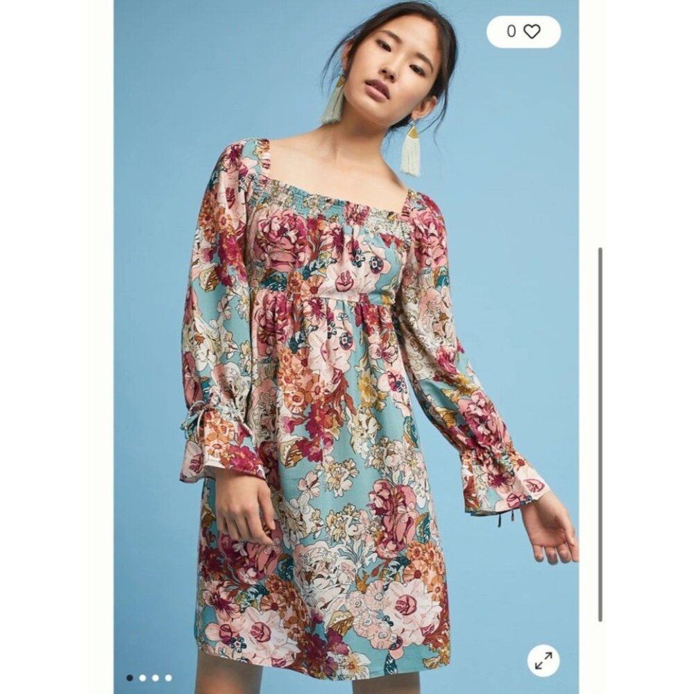 Anthropologie Maeve Milou Dress Blue Pink Floral Babydoll Long Sleeve Smocked